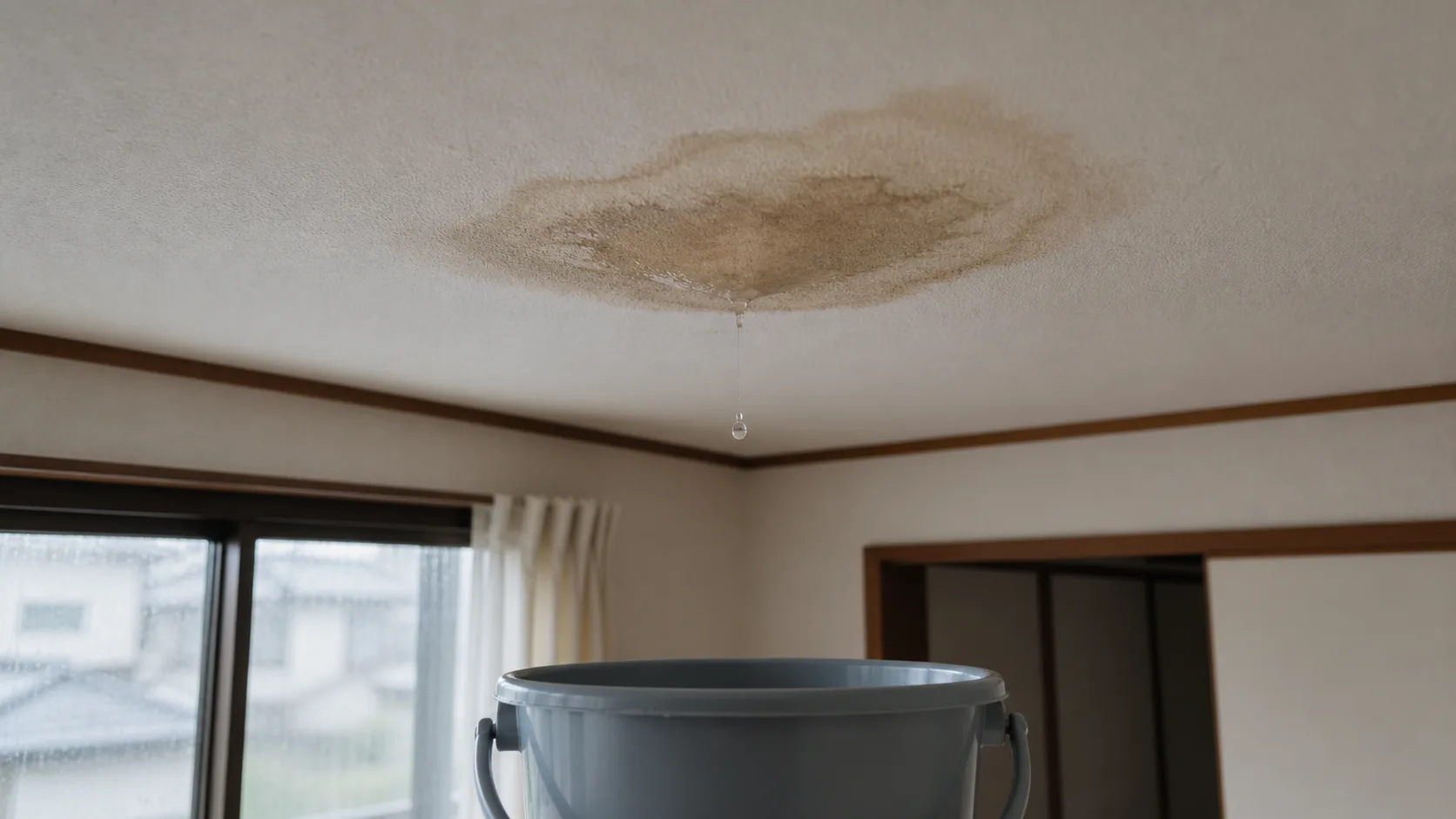 天井の雨染みから水滴が落ち、バケツで受けている室内